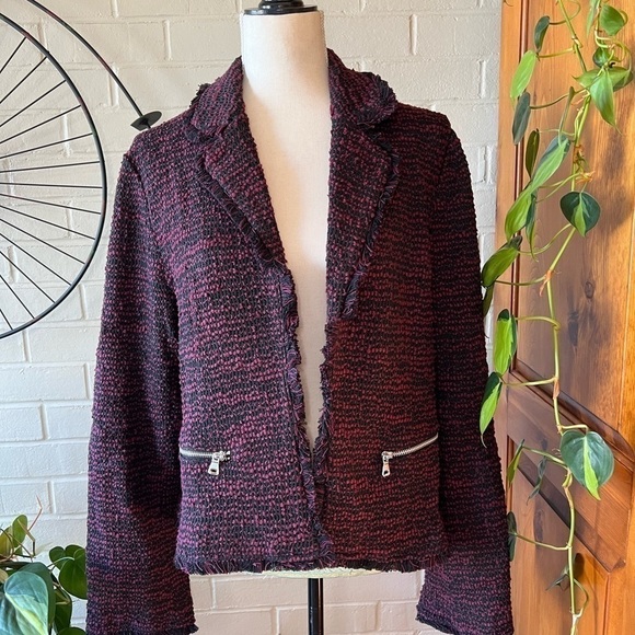 LAUNDRY by Shelli Segal boucle fringe trim open front crop blazer sz XL gorpcore - Picture 4 of 11